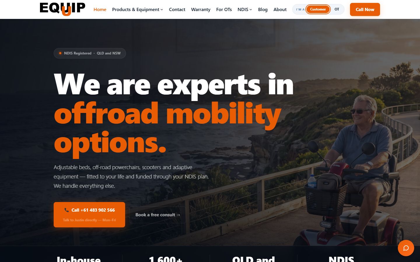 Home page of a mobility equipment retailer, dark hero image of a man riding an off road mobility scooter