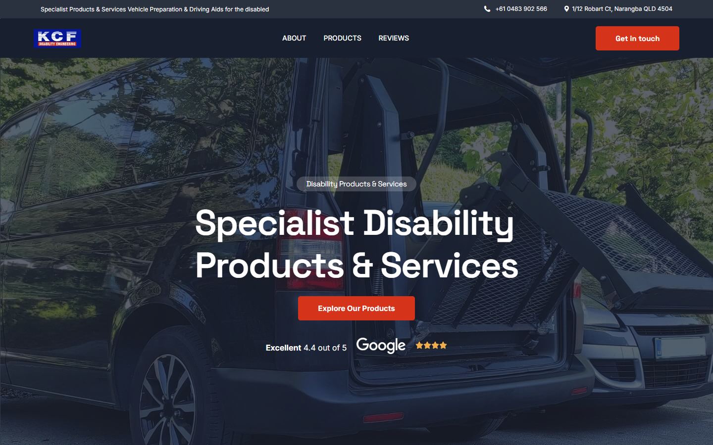 Home page of a disability vehicle engineering firm, hero image of a converted van with a wheelchair ramp