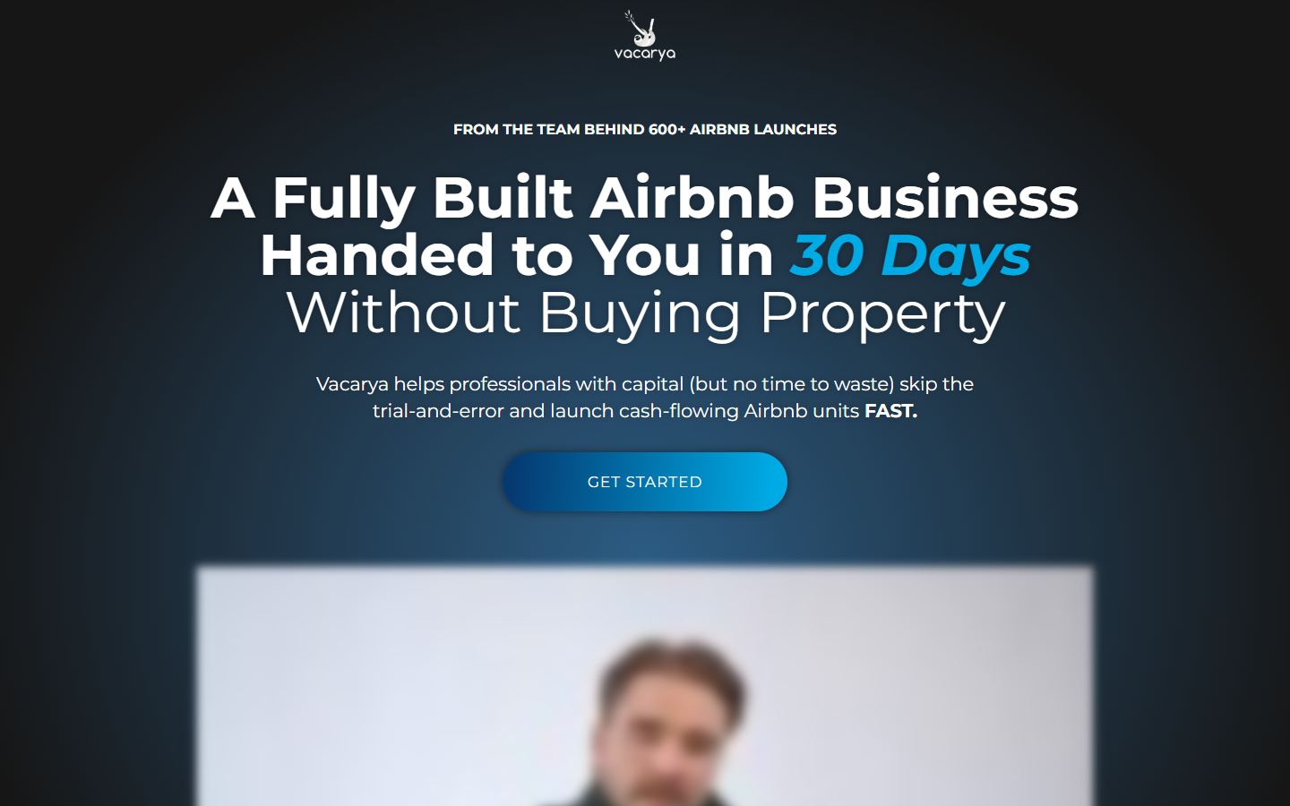 Landing page for a short term rental service with a single get started action